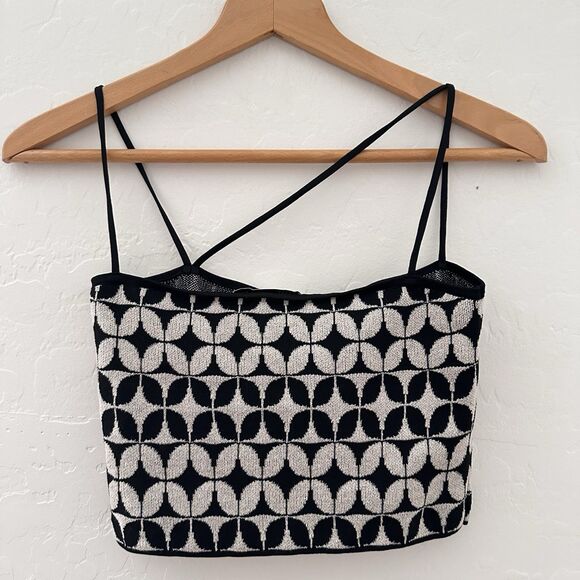 Zara Geometric Knit Top Black White Size S Small Asymmetrical Straps Crop Summer - Picture 5 of 7